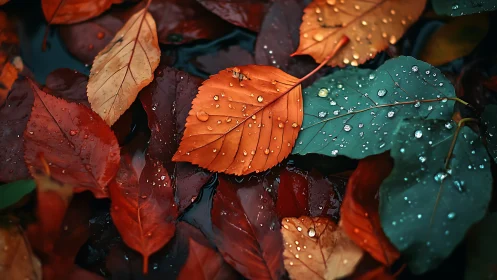 Macro study of rain-drenched autumn leaves in shallow pool.