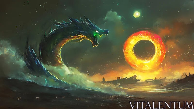 Sea dragon roars defiantly at a blazing cosmic portal