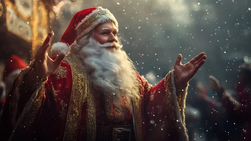 Santa in ornate red robes welcomes softly falling snow.