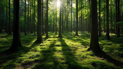 Sunlight streaming through lush green forest in tranquil morning light.