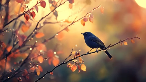 Blue Bird on Autumn Branch with Golden Bokeh Light