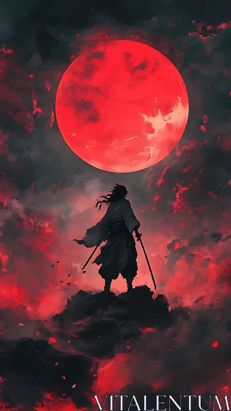 Silhouetted swordsman stands beneath large red celestial body