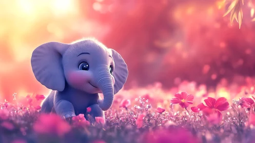 Cute baby elephant in glowing pink flower meadow at dusk.