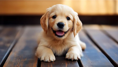 Golden retriever puppy resting on wooden deck boards.