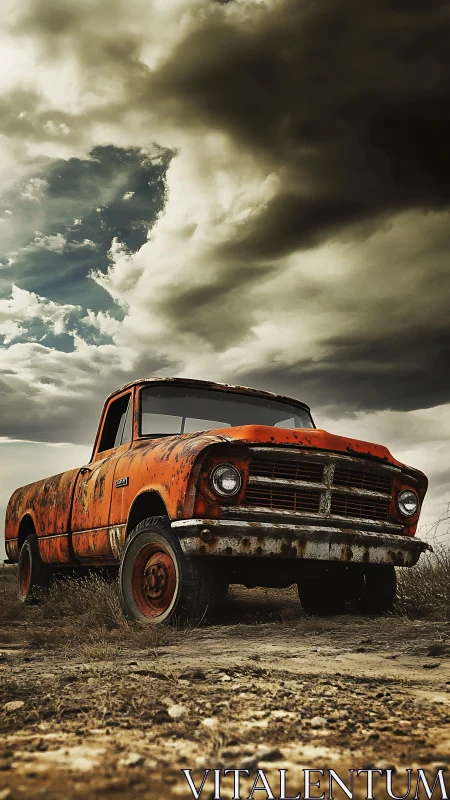 Rust-red truck waits beneath storm-bellied prairie sky.