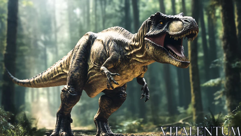 Roaring T. rex strides boldly through a sunlit primeval forest