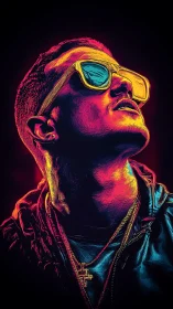 Neon-contoured portrait of reflective figure in chromatic flare.