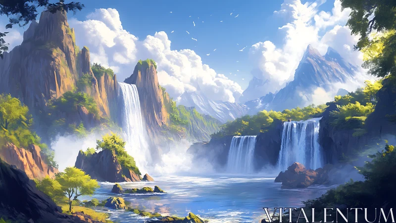 Sunlit mountain waterfalls cascade into a tranquil valley lake.