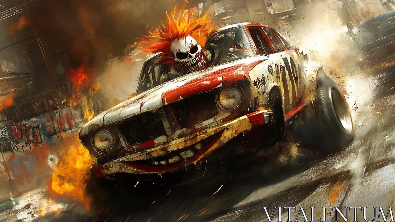 Psychotic clown driver skids a flaming muscle car into chaos.