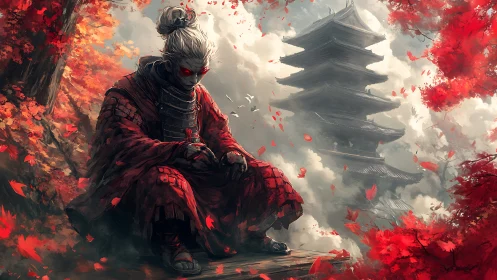 White haired warrior in red armor before misty pagoda.