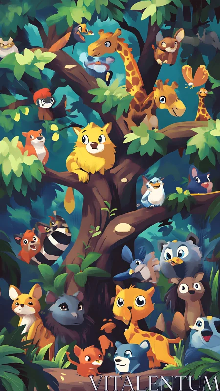 Layered forest canopy with stylized fauna in narrative composition.