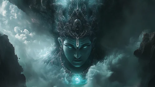 Colossal celestial deity emerges from storm-laden mountain void