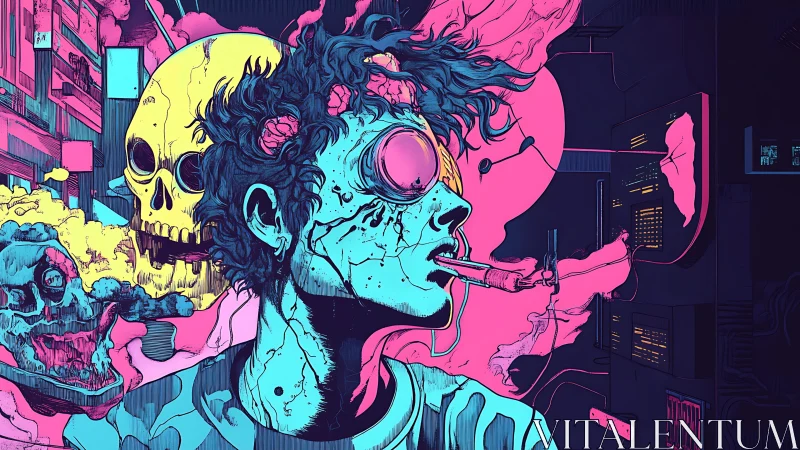 Neon skulls orbit a wired mind in electric urban chaos.