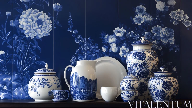 Blue and white porcelain vases align before floral mural