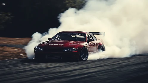 Scarlet drift machine cuts smoky arcs through twilight tarmac