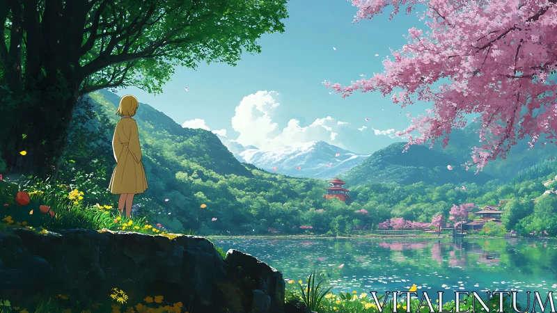 Solitary figure overlooking serene cherry blossom valley.