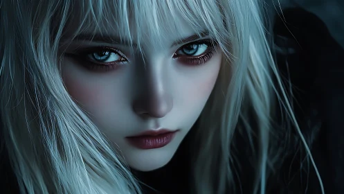 Moonlit silver-eyed sorceress in icy cinematic close-up.