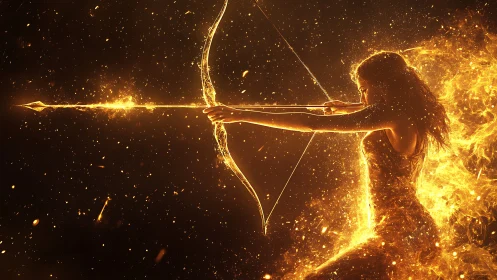 Fiery female archer draws blazing bow with molten sparks.