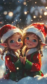 Snow-dusted twin Christmas elves glowing in winter wonderland.