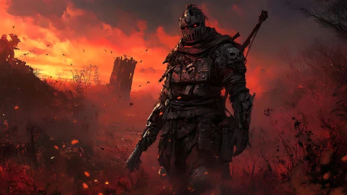 Post apocalyptic armored ranger under burning red sunset