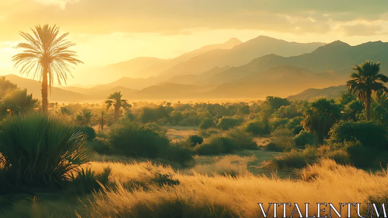 Golden desert oasis dreaming under layered dusk mountains.