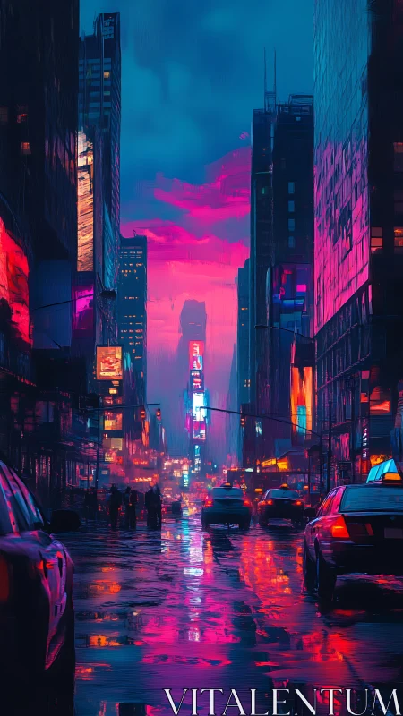 Neon-lit city street scene shows wet roadway and tall buildings