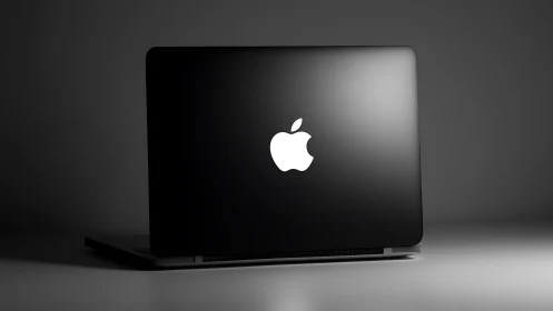 Matte black Apple laptop with centered logo under controlled rim lighting