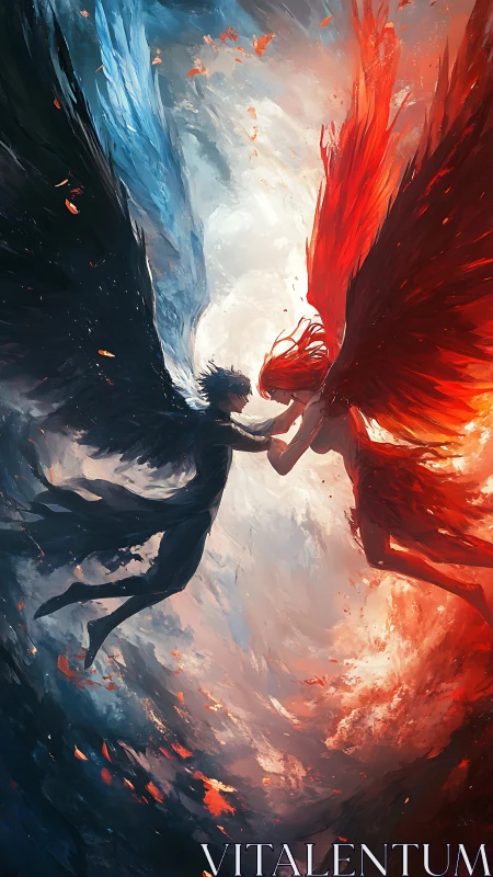 Contrasting winged figures meet within a divided color vortex