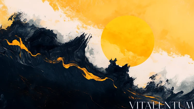 Large yellow sun over abstract dark waves in motion