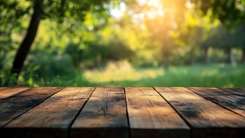 Wooden table surface positioned in natural daylight with blurred green foliage environment