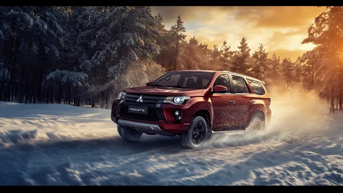 Dynamic red SUV executing high-velocity drift on sunlit snowfield.
