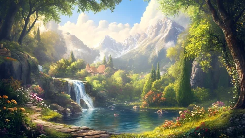 Mountain lake with waterfall, forest path, and cottage.