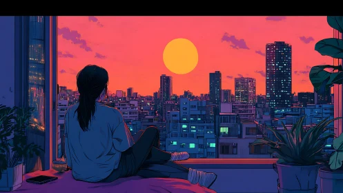 Person observing dense city skyline at stylized sunset scene.