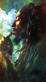 Vibrant reggae singer exhales smoke in glowing stage light