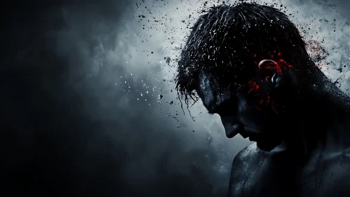 Digital disintegration portrait of downward-cast male profile.