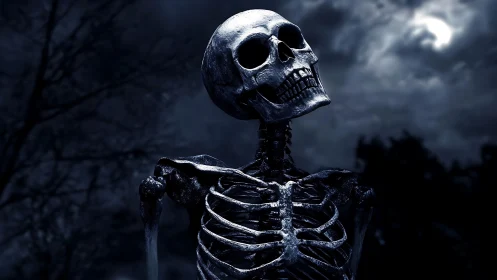 Moonlit skeleton gazing into a mysteriously stormy night sky.