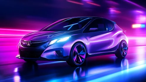 Neon-lit electric hatchback concept in dynamic motion render.