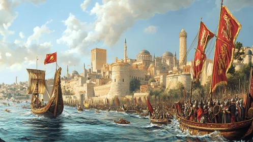 Historical harbor fleet approaches fortified coastal city walls