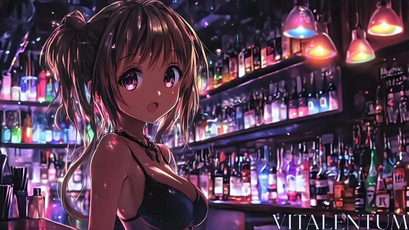 Neon-lit anime bartender in saturated nightlife bar interior.