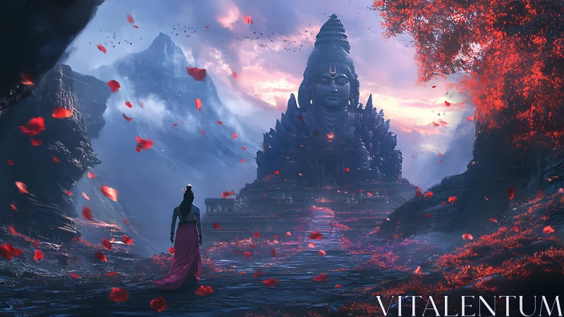 Woman walks toward giant mountain temple statue at dusk.