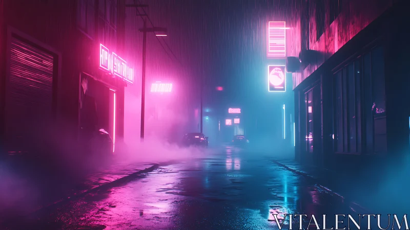 Rainy urban alley with neon signage and wet pavement at night.
