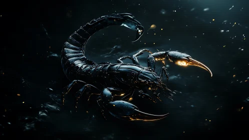 Dark metallic scorpion model with illuminated claws in motion.