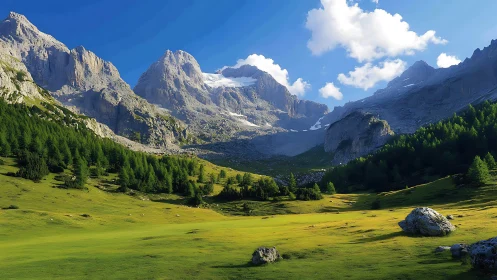 Sunlit alpine meadow welcomes towering rocky mountain peaks