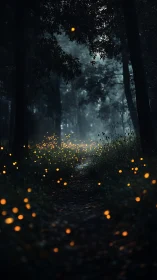 Enchanted Forest Path Glowing with Fireflies at Night