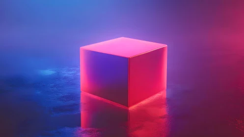 Neon pink cube in futuristic glowing environment, digital art style.