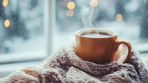 Winter window coffee cradled in a knitted hush of warmth.