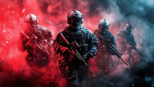 Elite tactical squad advances through red and blue smoke.