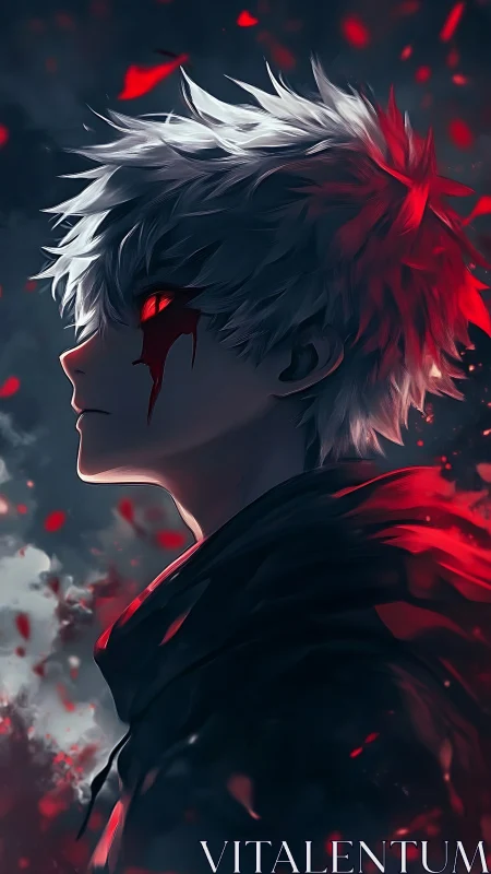 White haired anime antihero with glowing red eye profile.