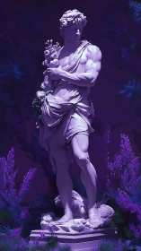 Dreamy lavender statue glowing in a magical twilight garden.