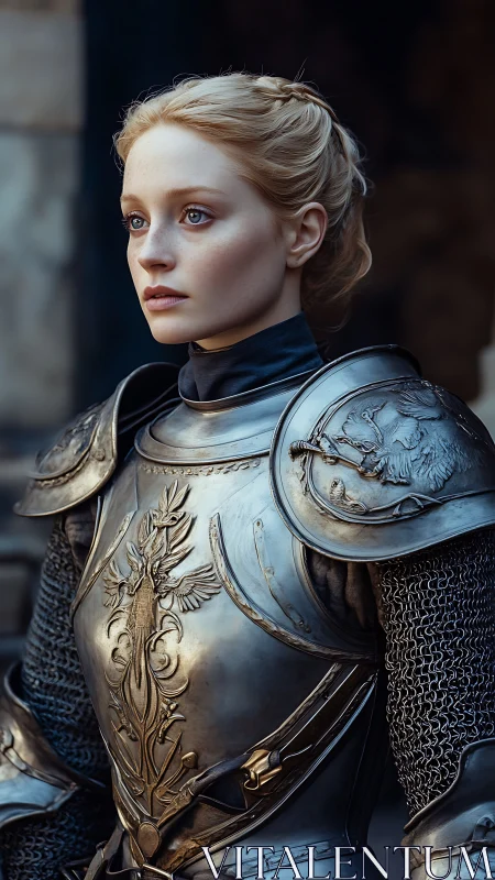 Young armored woman in ornate silver medieval plate armor.